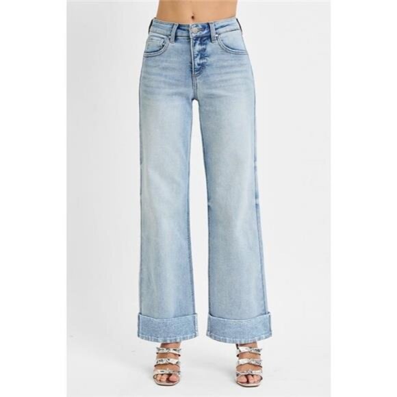 RISEN Full Size Tummy Control High Rise Ankle Wide Cuffed Jeans Plus Size - Picture 1 of 6